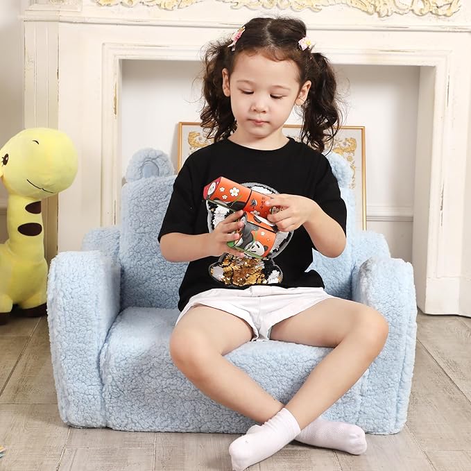 Kids Chairs for Toddler, 2-in-1 Toddler Soft Sherpa Couch Fold Out, Convertible Sofa to Lounger for Girls and Boys, Teddy Bear, Blue