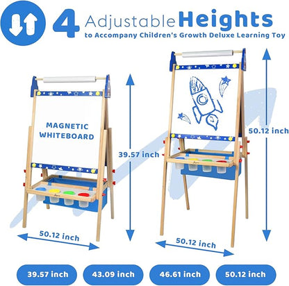Joyooss Art Easel for Kids, Adjustable Standing Kids Easel with Magnetic Whteboard & Chalkboard, Magnetic Board for Kids Art Easel Kids with 2 Paper Rolls, Finger Paints, Letters & Numbers Magnets