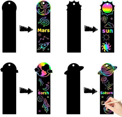 CY2SIDE 72PCS Solar System 9 Planets Scratch Bookmarks for Kids, Outer Space Theme Scratch Card Craft Kits, Galaxy Star Magic Art Rainbow Color Craft Kit for School Party Favors