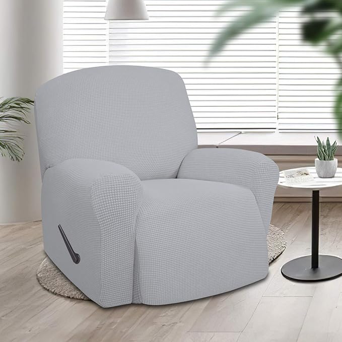 Easy-Going Oversized Recliner Stretch Sofa Slipcover Sofa Cover 1 Piece Furniture Protector Couch Soft with Elastic Bottom Kids,Polyester Spandex Jacquard Small Checks(Oversize Recliner,Silver Gray)