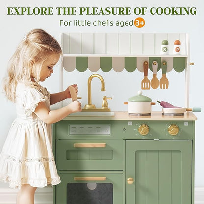ROBUD Wooden Play Kitchen Set for Kids, Pretend Play Kitchen Toy Set with Golden Faucet, Sink, Oven, Stove, Cabinet, Vintage Style, Gift for Boys & Girls Ages 3+ (Green)