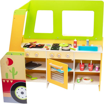 Taco Truck Wooden Playset, 30 Toy Pieces- Cook Top, Steering Wheel Sink Sticker Sheet for Kids Name- Food, Taco Shells, Cheese, Patties- Dual Sided Activity Play Stand Set for Indoor Fun, Ages 3+ Gift