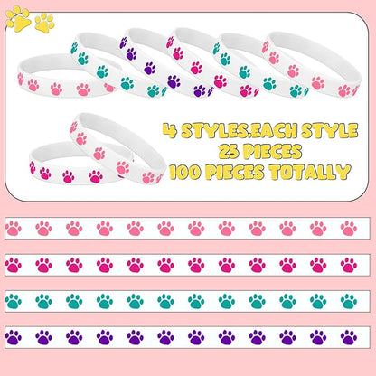 Funtery 100 Pcs Paw Print Rubber Bracelet Silicone Stretch Wristbands Dog Paw Silicone Bracelet Rubber Wristbands Dog Party Favors Birthday Party Supplies Decorations(Bright Color)