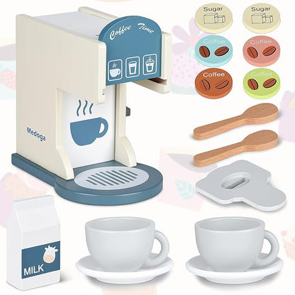 Play Kitchen Accessories Kids Wooden Coffee Maker Toy Espresso Machine Toddler Toy Kitchen Sets for Girls and Boys (Coffee Maker) (White)