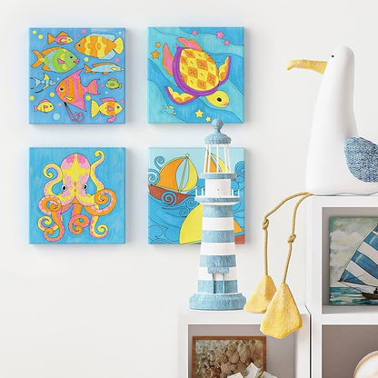 Arteza Kids Ocean Scenes Painting Kit, 4 Canvases 8 x 8 Inches, 24 Acrylic Paints, 4 Paint Brushes, 4 Palettes, Kids Activities Ages 6 and Up