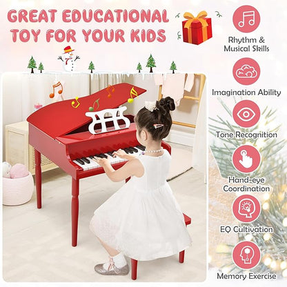 Goplus 30-Key Classical Kids Piano, Mini Grand Piano Wooden Learn-to-Play Musical Instrument Toy with Bench, Piano Lid, Music Rack, Gift for Boys Girls Aged 2+ Baby Toddler (4 Straight Leg-Red)