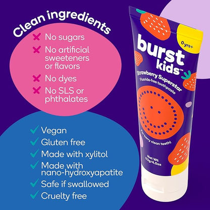 BURST Fluoride Free Strawberry Kids Toothpaste (4oz) | Great Tasting | Dye Free for Baby & Toddler Age 0+ | with Nano Hydroxyapatite