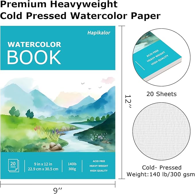 Hapikalor Watercolor Paper Pad, 9"x12" Water Color Paper, 140lb/300gsm Artist Painting Drawing Paper Book, Art Supplies for Adults Kids, Watercolors, Watercolor Paint Set, Sketchbook, Journal, Teal