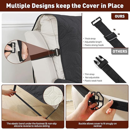 XINEAGE 100% Waterproof Recliner Chair Cover, Non Slip Covers for Recliner Chair with Pocket, Washable Dog Recliner Couch Cover with Elastic Straps (Black, 23.6")