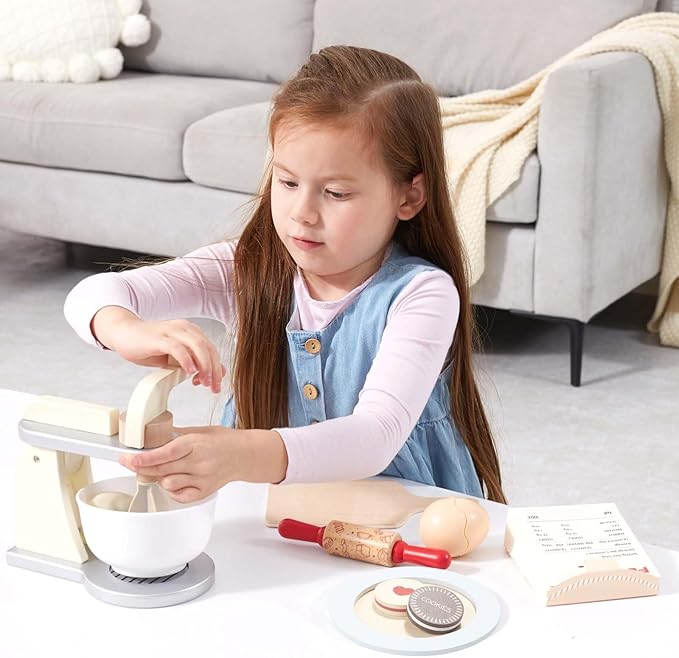 Giant bean Wooden Toy Mixer, Kids Play Kitchen Accessories, Pretend Play Toy Blender for Boys Girls Ages 3+