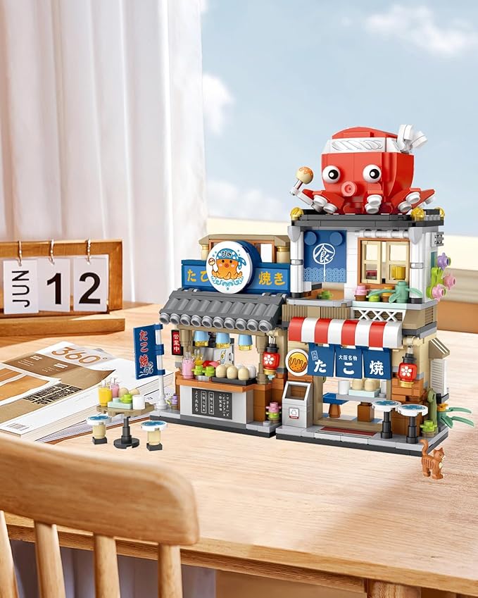 Japanese City Street View Takoyaki Shop, MOC Creative Building Blocks House Set, Simulation Architecture Construction Toy, Gifts Idea for Kids Adults (Mini Blocks 722 pcs)