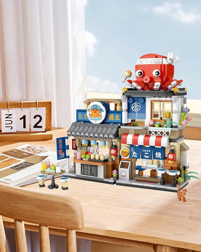 Japanese City Street View Takoyaki Shop, MOC Creative Building Blocks House Set, Simulation Architecture Construction Toy, Gifts Idea for Kids Adults (Mini Blocks 722 pcs)