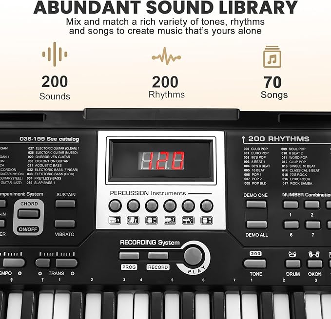 61-Key Electronic Keyboard Piano for Beginners with 200 Tones & Rhythms, Microphone, Learning Features, and Piano Note Stickers