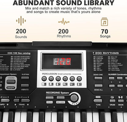 61 Key Electronic Keyboard Piano for Beginners, 200 Tones & Rhythms, with H Stand, Stool, Headphones, Microphone, Piano Note Stickers