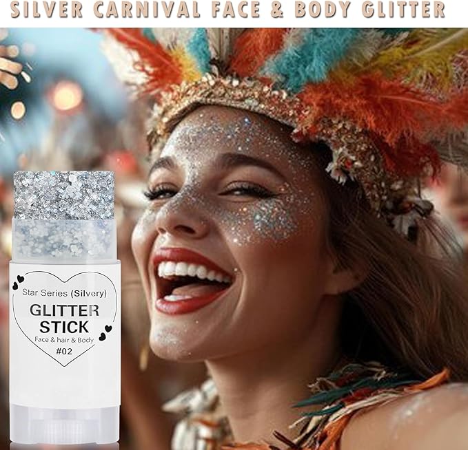 Silver Hair Glitter Stick,Cheer Body Face Glitter,Mardi Gras Outfit for Women,Rave Music Festival Singer Concert Accessories,Waterproof Halloween Cosplay Shimmer Makeup