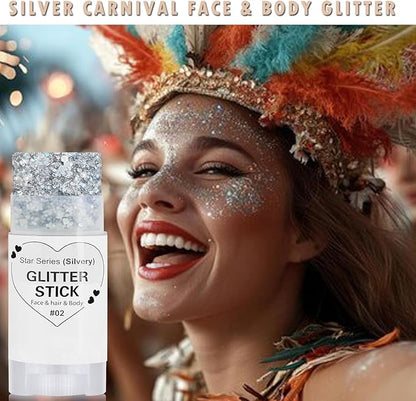 Silver Hair Glitter Stick,Cheer Body Face Glitter,Mardi Gras Outfit for Women,Rave Music Festival Singer Concert Accessories,Waterproof Halloween Cosplay Shimmer Makeup