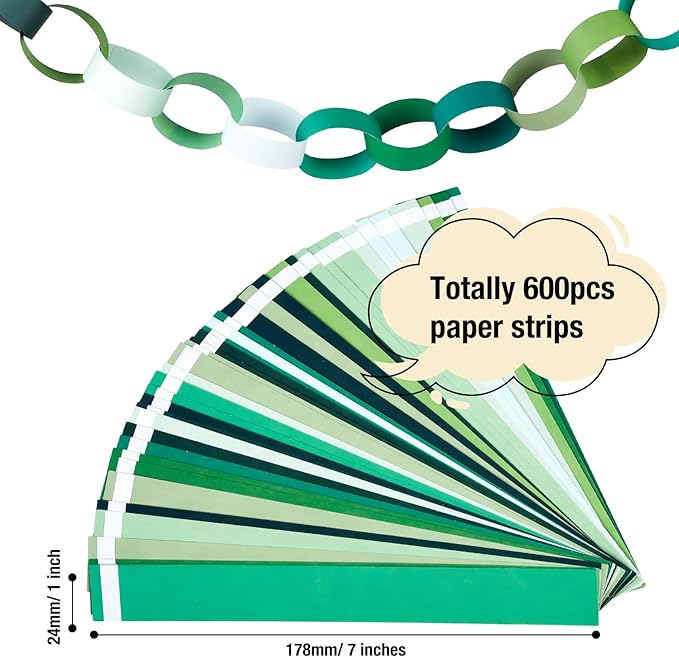 CHRORINE 600Pcs Colorful Paper Chains Strips for Birthday Party Decorations DIY Crafts Supplies (Green, 1 x 7.08 inches)