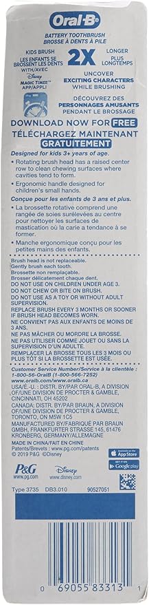 Oral-B Kid's Battery Toothbrush Featuring Disney's Princess Characters, Soft Bristles, for Kids 3+ (Pack of 2)