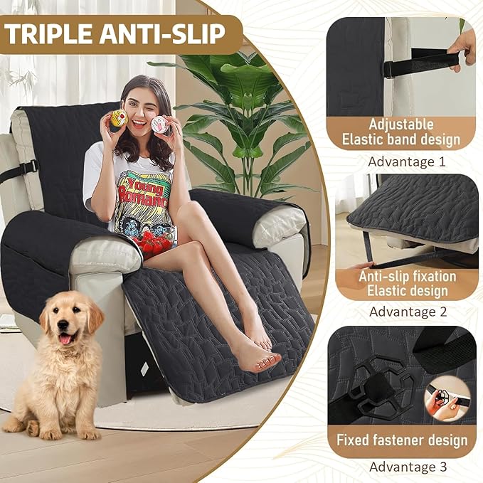 XINEAGE 100% Waterproof Recliner Chair Covers with Elastic Straps, Nonslip Reclining Couch Covers Washable Recliner Couch Cover with Pockets Furniture Protector for Pets Dogs (Black, 25")