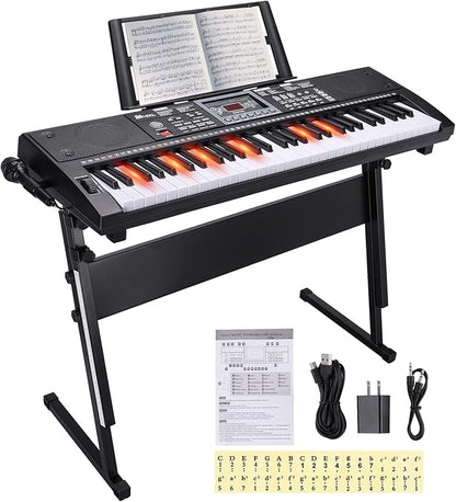 Kids Keyboard 61 Keys, Beginner Electronic Piano with One-Key Teaching 100 Tones & Rhythms, Portable Music Keyboard for Children with Microphone, Music Stand [Black, Piano with Stand]