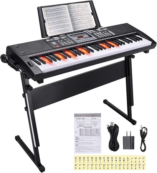Kids Keyboard 61 Keys, Beginner Electronic Piano with One-Key Teaching 100 Tones & Rhythms, Portable Music Keyboard for Children with Microphone, Music Stand [Black, Piano with Stand]