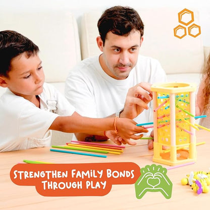 Nene Toys BeeFall, 4-in-1 Wooden Honey Bee Toy for Kids Ages 3-9 - Educational Game with Wooden Honeybee Hive, 12 Bees, Colorful Sticks, Dice & Cards - Fun Family Game for Cognitive Development