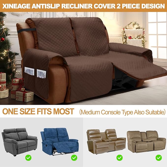 XINEAGE Water Resistant Recliner Cover, 2 seat Recliner Loveseat Covers with Pockets, Quilted Thick Recliner Protector Cover for Dog Pets with Non Slip Backing and Strap (Recliner Loveseat, Coffee)