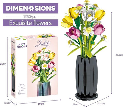 PUNIMA Tulips Building Blocks Set, Flowers Bouquet with Vase for Adults, Girls, Home, Office, Decor - 1250pcs