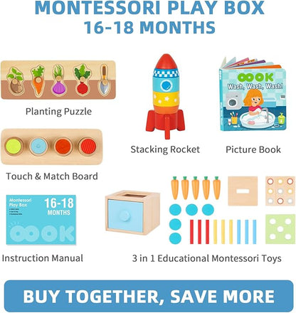 Montessori Educational Toys for 1 Year Old, 6 in 1 Learning Toys Set for Toddlers Wooden Toy Present (3-in-1 Edutational Box, Stacking Roctet Ship, Touch & Match Board, Picture Book and More)