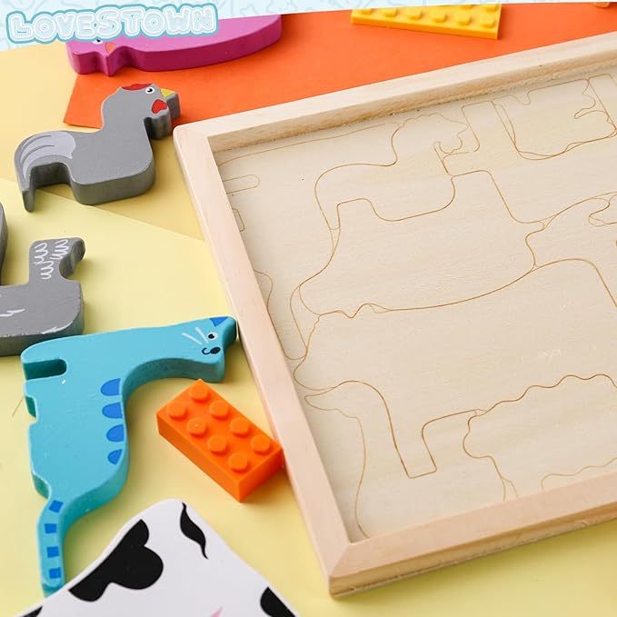 LovesTown 12PCS Wooden Stacking Puzzles, Farm Animal Chunky Jigsaw Puzzles Educational Toy for Gift
