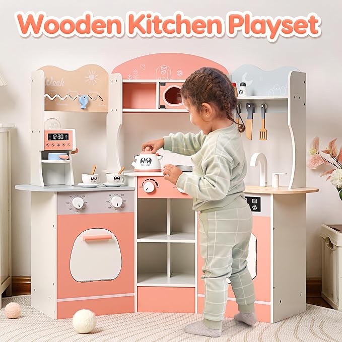 CUTE STONE Wooden Play Kitchen for Kids, Toddler Kitchen Playset with Coffee Machine, Cookware Accessories, Play Sink, Toy Kitchen Set for Boys Girls