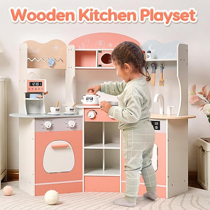 CUTE STONE Wooden Play Kitchen for Kids, Toddler Kitchen Playset with Coffee Machine, Cookware Accessories, Play Sink, Toy Kitchen Set for Boys Girls