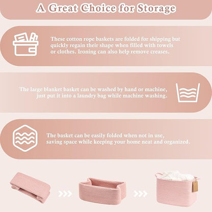 Goodpick Woven Storage Basket for Shelves, Small Baskets for Organizing, Rectangle Baby Nursery basket, Towel Baskets for Bathroom, Living Room, 13 x 10 x 9 Inches, Light Pink