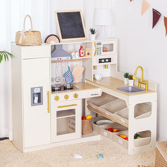 Corner Play Kitchen for Kids Kitchen Playset with Toy Storage System, Wooden Toy Kitchen Set with Plenty of Play Features, Toddler Kitchen Set for Boys and Girls Ages 3+ (White)