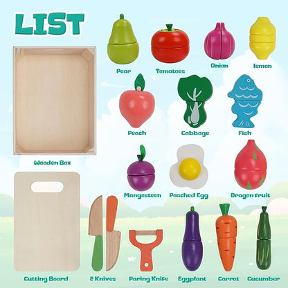 Wooden Play Food for Kids Kitchen, 32PCS Pretend Cutting Fruits Vegetables Food Play Toy Sets, Early Education Montessori Kids Toys, for Toddlers and Kids Ages 3+