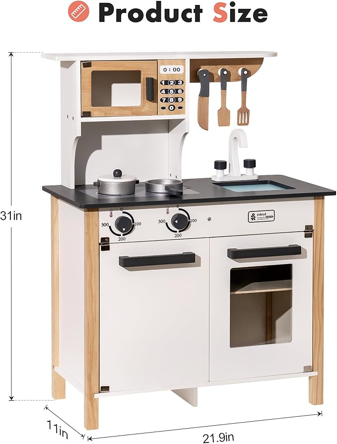 ROBUD Wooden Play Kitchen, Kids Kitchen Playset with Realistic Design, Toy Kitchen Gift for Boys and Girls, Age 3+
