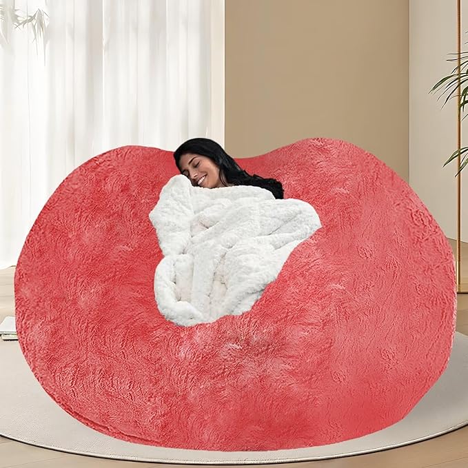 BCU 6FT Bean Bag Chair for Adults and Kids Without Filler Giant Stuffed Animal Storage Cover Soft Faux Fur Floor Chair Cover for Bedroom Living Room, Rose Red