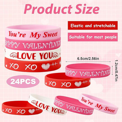 24pcs Valentine's Day Wristband Silicone, Heart Shaped And Warm Words Rubber Bracelets Valentine's Day Silicone Bracelets for Valentines Day Party Decoration Gifts