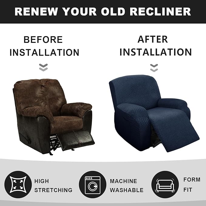 Stretch Jacquard Recliner Sofa Covers 3 Seat Soft Recliner Chair Covers Sofa Slipcover with Pocket and Elastic Bottom Furniture Protector for Kid,Pets（Checks,Navy Blue）