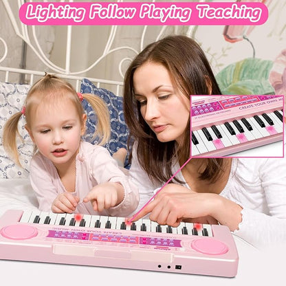Kids Piano Keyboard Toys, 37 Keys Music Keyboard Piano for Kid with Microphone, Learning Educational Toddler Keyboard Toys for Kids Ages 3-8 (Pink)