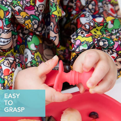 Bumkins Baby Utensils Set, Chewtensils Silicone Spoons for Dipping, Self-Feeding, Baby Led Weaning, Trainer Learning, First Stage Eating, Soft Practice Fork and Spoon, Babies 6 Months, Red