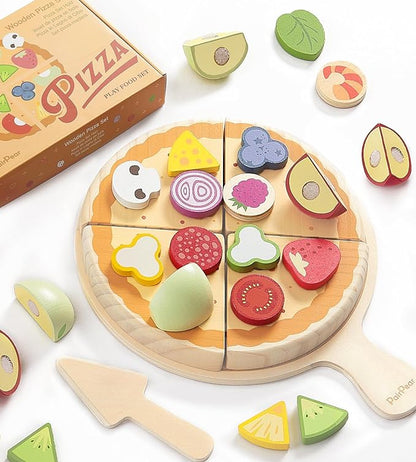 PairPear Wooden Pizza Toy Cutting Play Food Set, Kids Pretend Play Kitchen Accessories, Wooden Kids Kitchen Playset, Pizza Making Toy Set Cooking Gifts for Boys Girls Age 3+