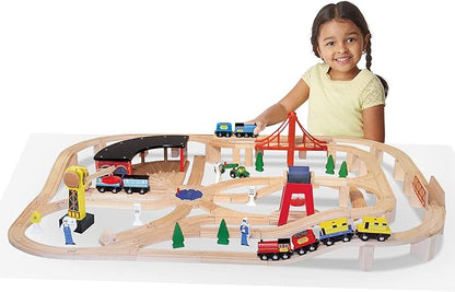 Melissa & Doug Wooden Railway Set, 130 Pieces - Wooden Train Set for Toddlers Ages 3+