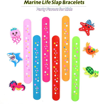 Marine Life Slap Bracelets Party Favors for Kids(6pack)-Jellyfish/Crab/Shark/Starfish/Turtle/Seahorse Goodie Bag Stuffers for Boys&Girls Marine Life Theme Party Supplies Carnival Prizes Suit