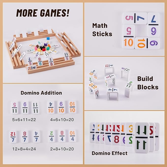 Mexican Train Dominoes Set with Numbers - Double 12 Colored Number Dominoes - Includes 91 Tiles with 9 Trains, 4 Wooden Trays and Storage Bag for 2-8 Players Ages 8+