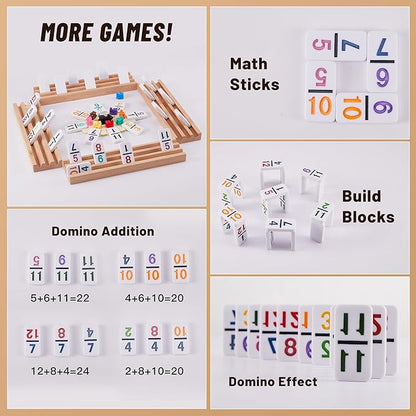 Mexican Train Dominoes Set with Numbers - Double 12 Colored Number Dominoes - Includes 91 Tiles with 9 Trains, 4 Wooden Trays and Storage Bag for 2-8 Players Ages 8+