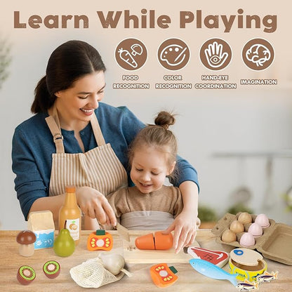 Lehoo Castle Wooden Play Food Sets for Kids Kitchen, Food Toys for Toddlers 3+ Year Old, with Shopping Bag, Pretend Food Play Kitchen Cutting Fruits Vegetables Toys, Gift for Boys Girls
