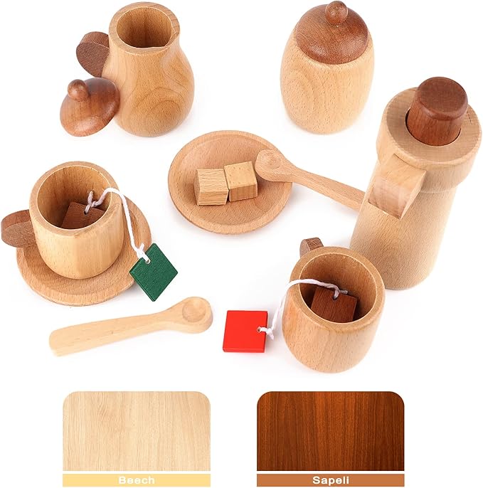 WHOHOLL Wooden Tea Set for Little Girls, Natural Wood Toys Tea Party Set, Kids Tea Set for Toddlers 1-3, Baby Play Tea Cup Set for Pretend Play, Play Kitchen Accessories with Storage Bag