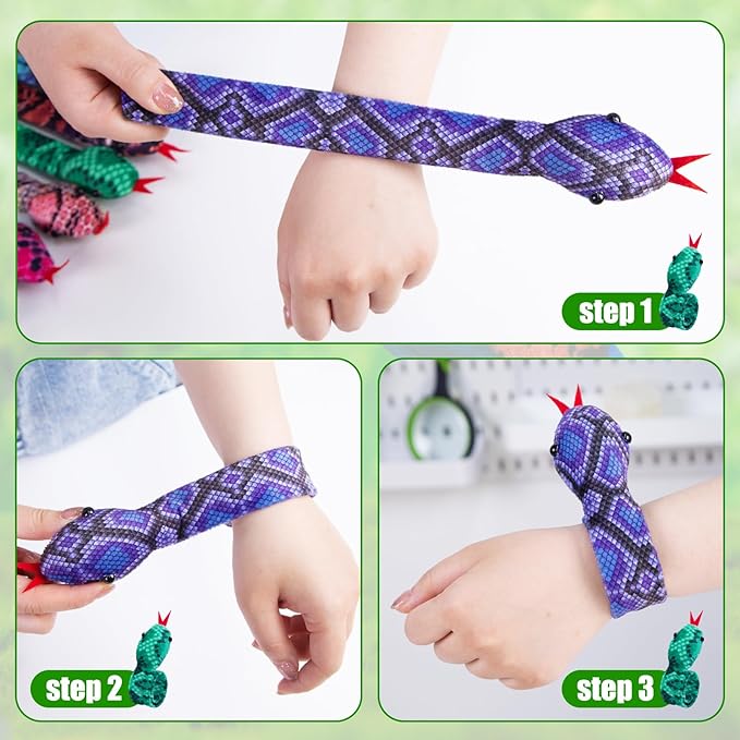 Shindel 10PCS Snake Slap Bracelets, Stuffed Snap Bands Reptile Snap Bracelets Fuzzy Animal Bracelet for Birthday Party Favors Halloween 10 Assorted Designs