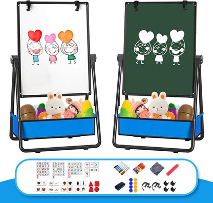 Kids Easel Double-Sided Art Easel with Paper Clip Height Adjustable Whiteboard & Chalkboard 360°Rotating Standing Art Easel for Kids Gift for Boys and Girls Toys for Ages 2-4